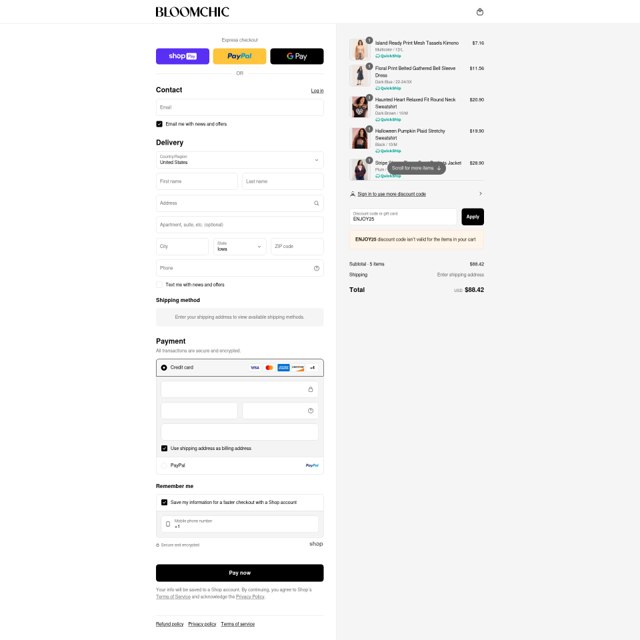 Bloomchic checkout page showing Bloomchic coupon code box | Screenshot taken by SimplyCodes community member on Aug 28, 2025