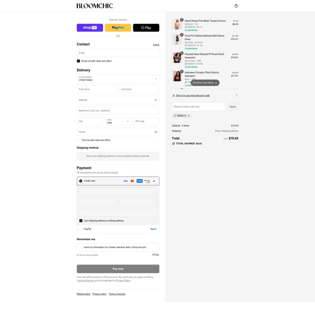 Bloomchic checkout page showing Bloomchic coupon code box | Screenshot taken by SimplyCodes community member on Aug 28, 2025