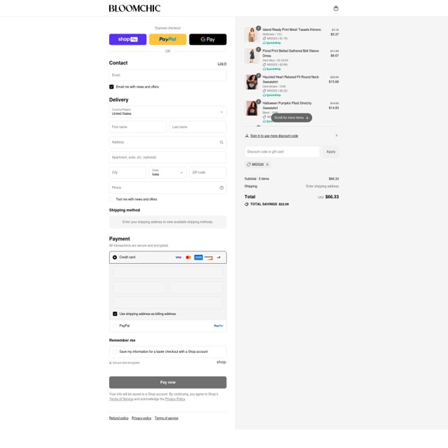 Bloomchic checkout page showing Bloomchic coupon code box | Screenshot taken by SimplyCodes community member on Aug 28, 2025