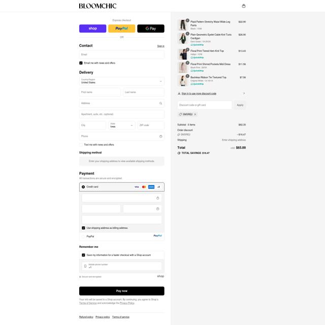 Bloomchic checkout page showing Bloomchic coupon code box | Screenshot taken by SimplyCodes community member on Sep 10, 2025