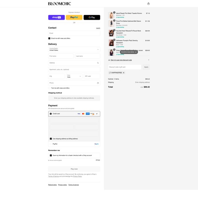Bloomchic checkout page showing Bloomchic coupon code box | Screenshot taken by SimplyCodes community member on Aug 28, 2025