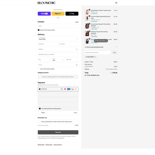 Bloomchic checkout page showing Bloomchic coupon code box | Screenshot taken by SimplyCodes community member on Aug 28, 2025