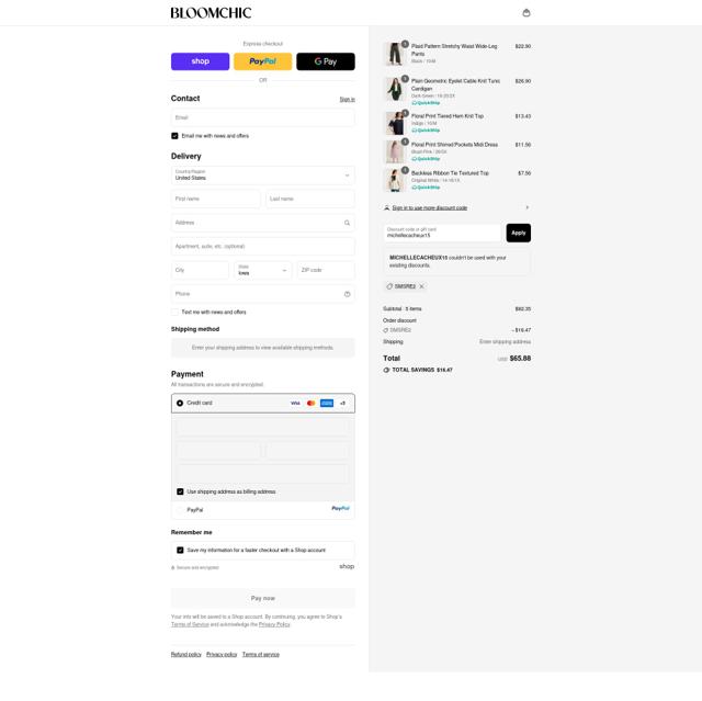 Bloomchic checkout page showing Bloomchic coupon code box | Screenshot taken by SimplyCodes community member on Sep 10, 2025