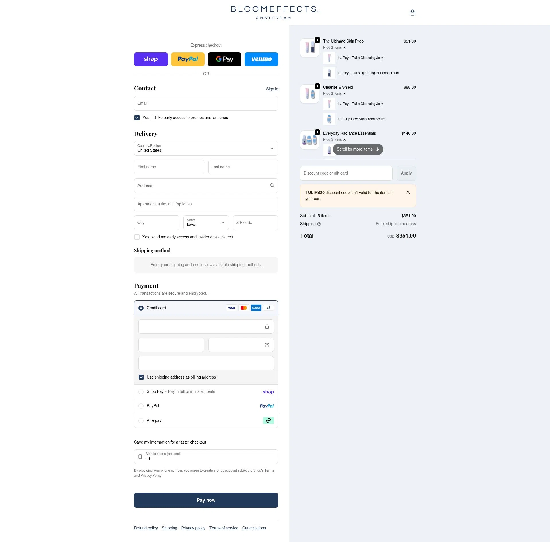 Bloomeffects checkout page showing Bloomeffects promo code box | Screenshot taken by SimplyCodes community member on Feb 17, 2026
