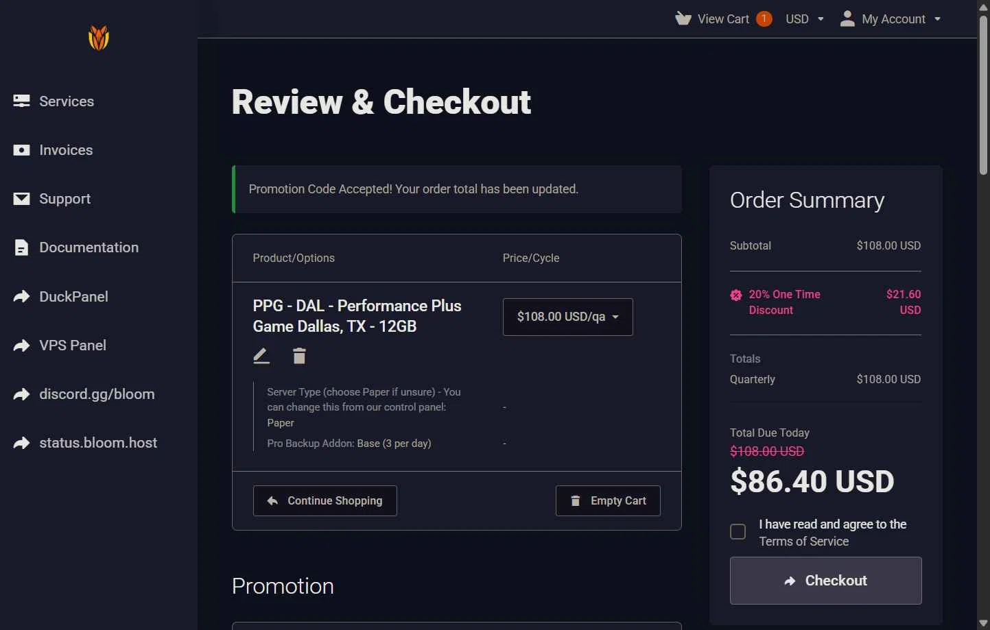Bloom Host checkout page showing Bloom Host promo code box | Screenshot taken by SimplyCodes community member on Jan 21, 2026