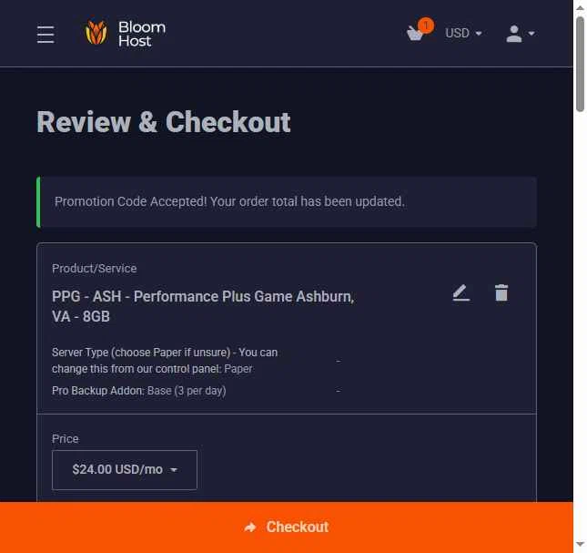 Bloom Host checkout page showing Bloom Host promo code box | Screenshot taken by SimplyCodes community member on May 8, 2025