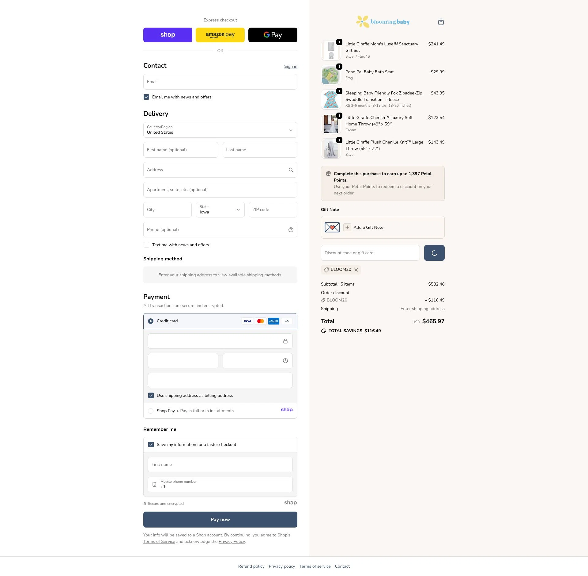 Blooming Baby checkout page showing Blooming Baby promo code box | Screenshot taken by SimplyCodes community member on Dec 26, 2025