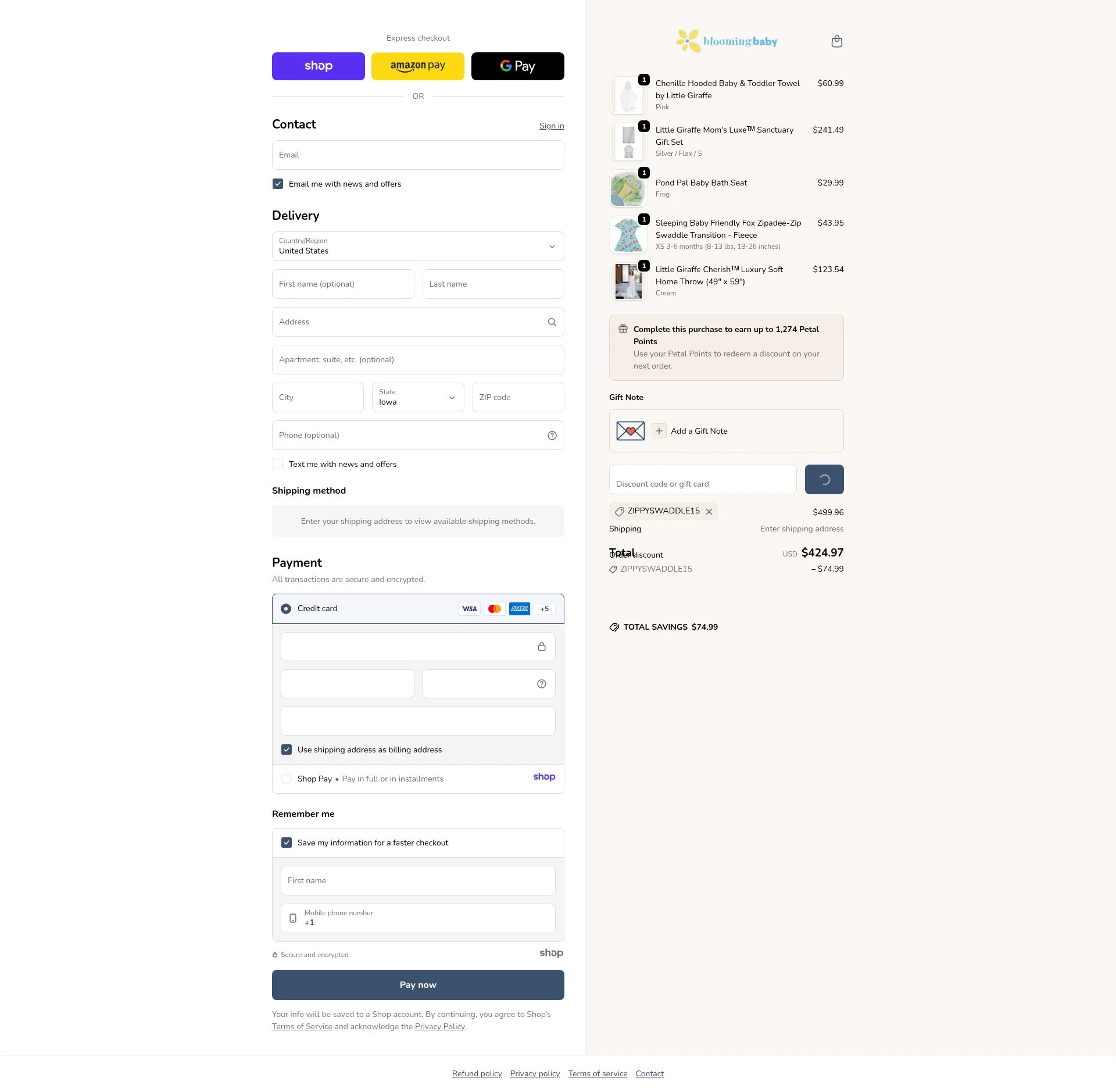 Blooming Baby checkout page showing Blooming Baby promo code box | Screenshot taken by SimplyCodes community member on Jan 5, 2026