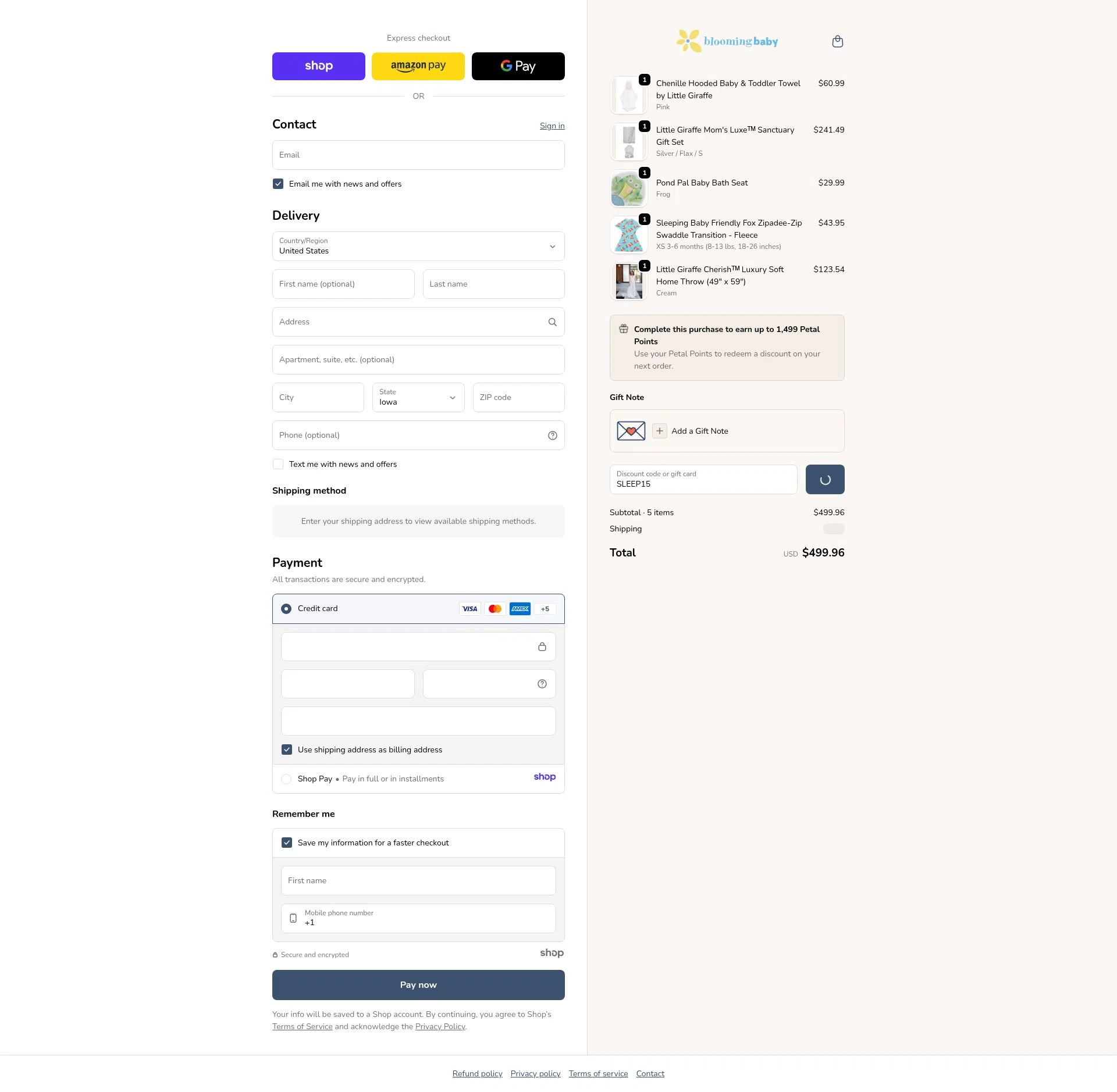 Blooming Baby checkout page showing Blooming Baby promo code box | Screenshot taken by SimplyCodes community member on Jan 5, 2026