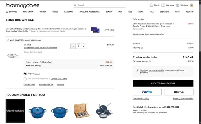 Bloomingdale's checkout page showing Bloomingdale's promo code box | Screenshot taken by SimplyCodes community member on Aug 20, 2025