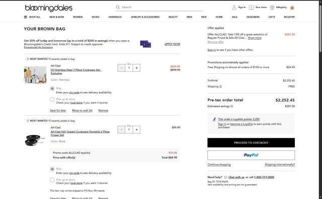 Bloomingdale's checkout page showing Bloomingdale's promo code box | Screenshot taken by SimplyCodes community member on Aug 20, 2025