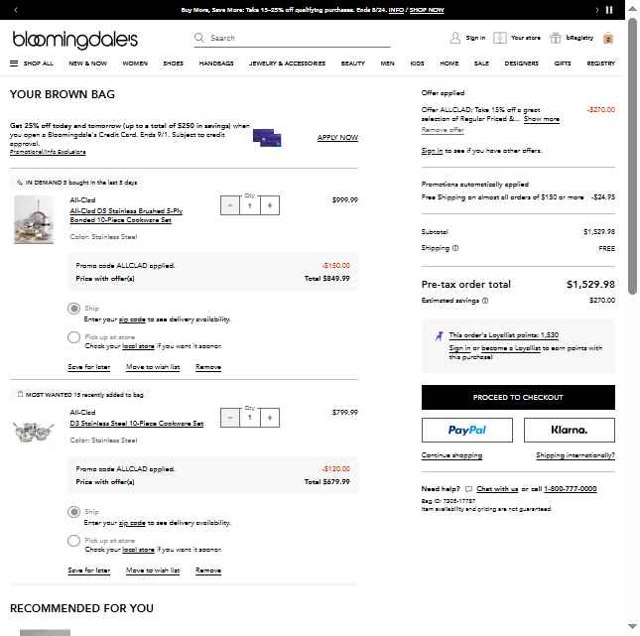Bloomingdale's checkout page showing Bloomingdale's promo code box | Screenshot taken by SimplyCodes community member on Aug 20, 2025