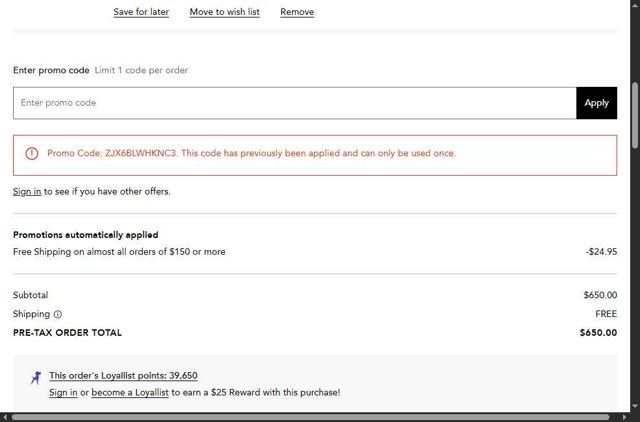 Bloomingdale's checkout page showing Bloomingdale's promo code box | Screenshot taken by SimplyCodes community member on Jul 10, 2025