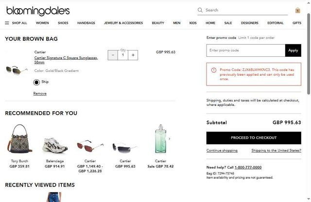 Bloomingdale's checkout page showing Bloomingdale's promo code box | Screenshot taken by SimplyCodes community member on Jul 9, 2025