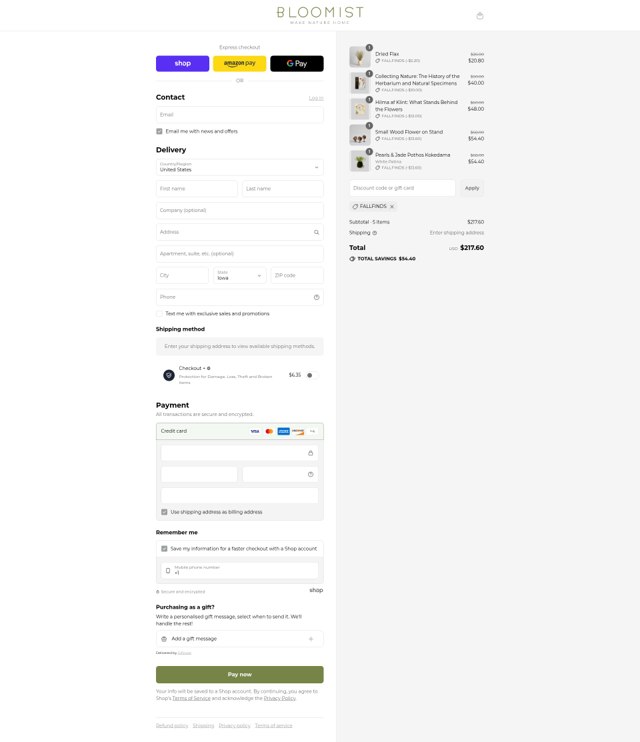 Bloomist checkout page showing Bloomist promo code box | Screenshot taken by SimplyCodes community member on Sep 7, 2025