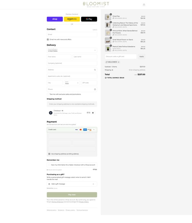 Bloomist checkout page showing Bloomist promo code box | Screenshot taken by SimplyCodes community member on Sep 7, 2025