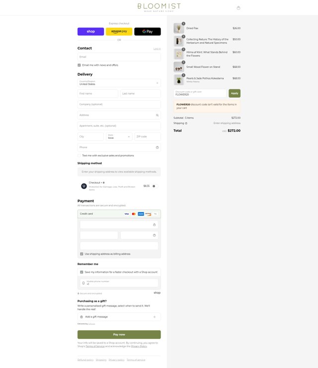 Bloomist checkout page showing Bloomist promo code box | Screenshot taken by SimplyCodes community member on Sep 7, 2025
