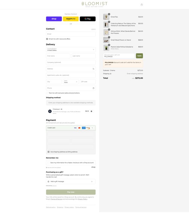 Bloomist checkout page showing Bloomist promo code box | Screenshot taken by SimplyCodes community member on Sep 7, 2025