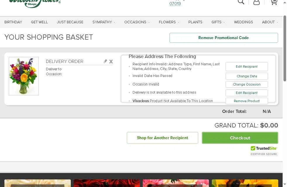 Blossom Flower checkout page showing Blossom Flower promo code box | Screenshot taken by SimplyCodes community member on Sep 11, 2025