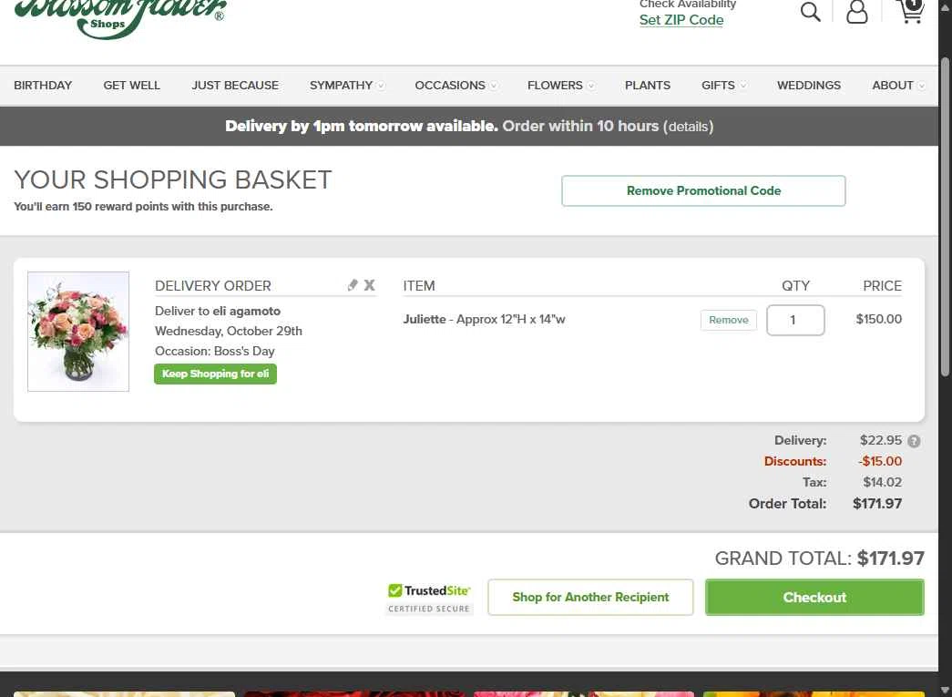 Blossom Flower checkout page showing Blossom Flower promo code box | Screenshot taken by SimplyCodes community member on Oct 10, 2025