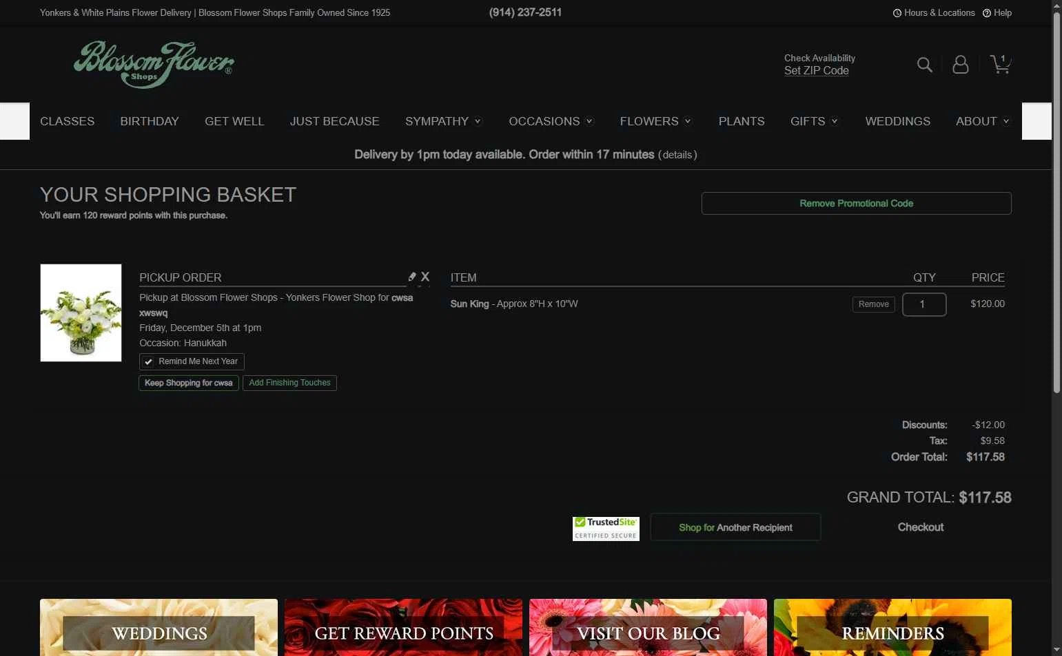 Blossom Flower checkout page showing Blossom Flower promo code box | Screenshot taken by SimplyCodes community member on Dec 5, 2025