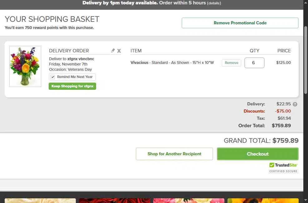 Blossom Flower checkout page showing Blossom Flower promo code box | Screenshot taken by SimplyCodes community member on Nov 6, 2025