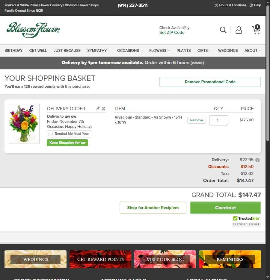 Blossom Flower checkout page showing Blossom Flower promo code box | Screenshot taken by SimplyCodes community member on Nov 6, 2025