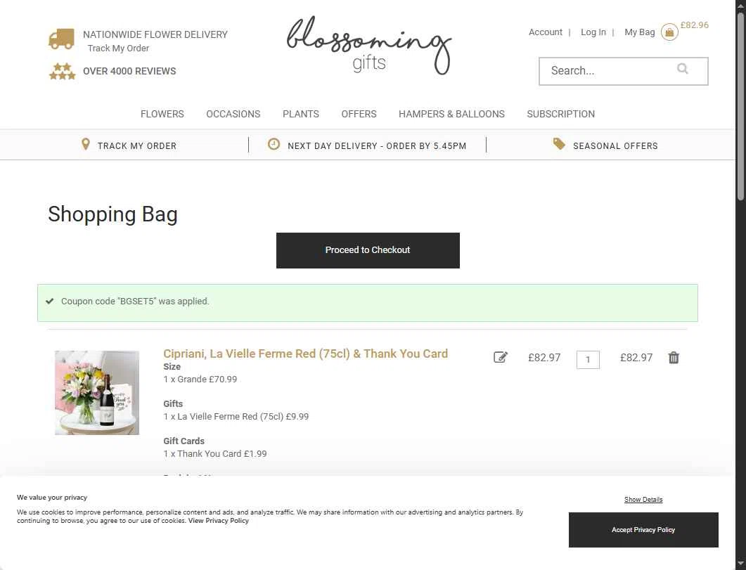 Blossoming Gifts checkout page showing Blossoming Gifts discount code box | Screenshot taken by SimplyCodes community member on Feb 17, 2026