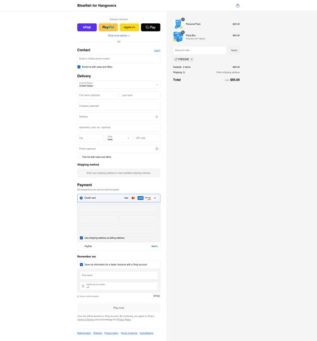 Blowfish for Hangovers checkout page showing Blowfish for Hangovers discount code box | Screenshot taken by SimplyCodes community member on Sep 2, 2025