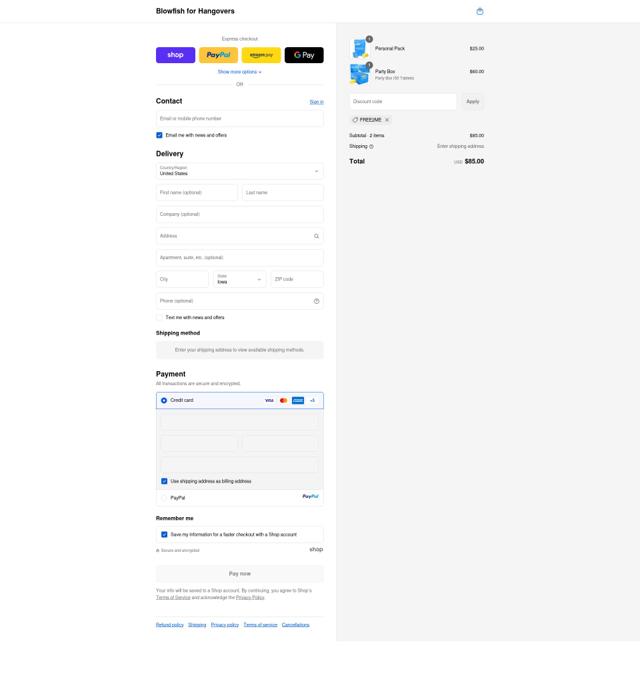 Blowfish for Hangovers checkout page showing Blowfish for Hangovers discount code box | Screenshot taken by SimplyCodes community member on Sep 10, 2025