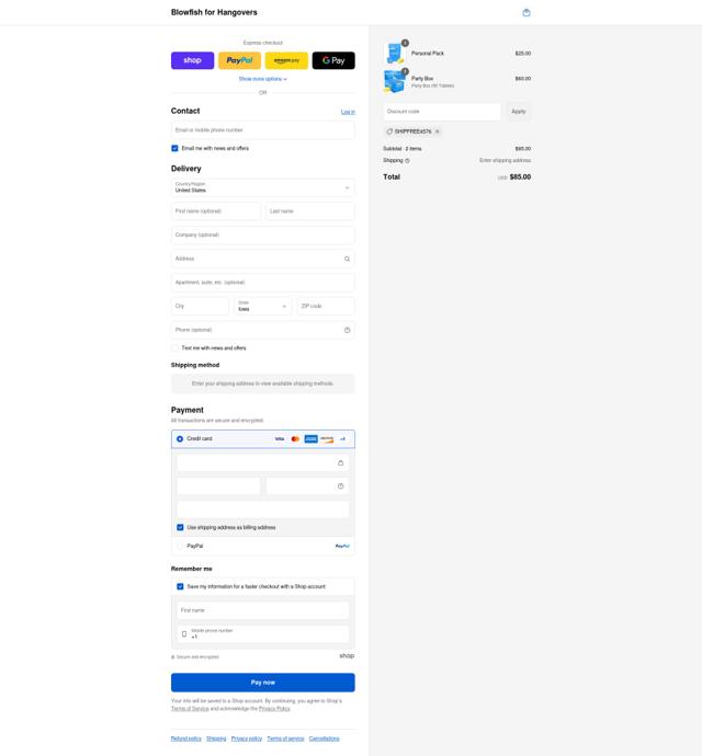 Blowfish for Hangovers checkout page showing Blowfish for Hangovers discount code box | Screenshot taken by SimplyCodes community member on Sep 2, 2025
