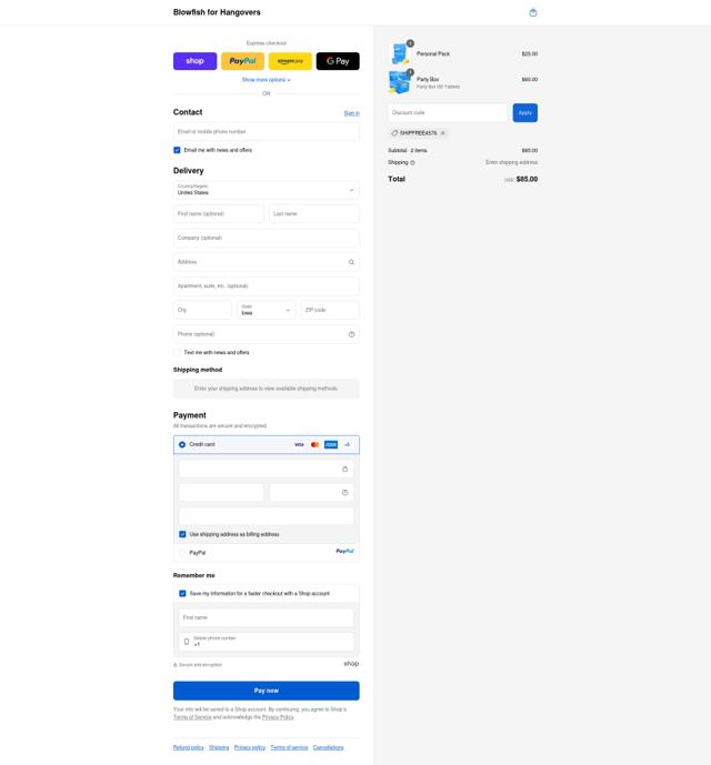 Blowfish for Hangovers checkout page showing Blowfish for Hangovers discount code box | Screenshot taken by SimplyCodes community member on Sep 10, 2025