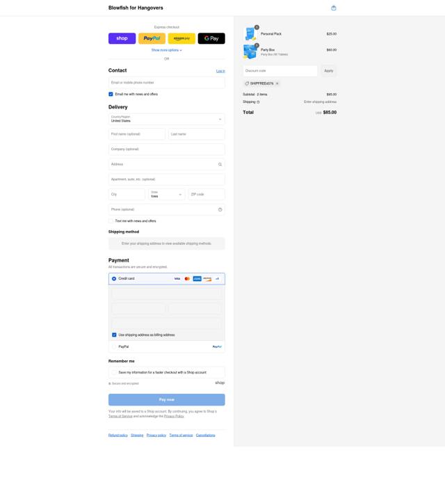 Blowfish for Hangovers checkout page showing Blowfish for Hangovers discount code box | Screenshot taken by SimplyCodes community member on Sep 6, 2025
