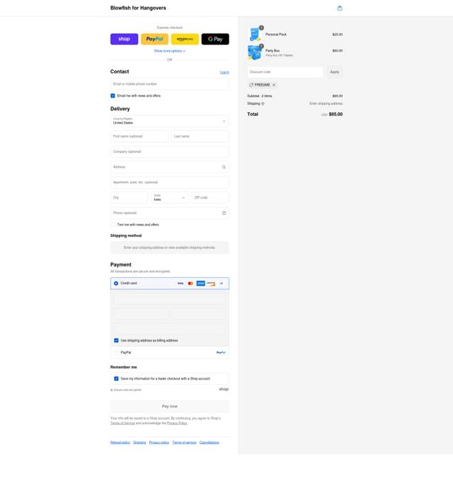Blowfish for Hangovers checkout page showing Blowfish for Hangovers discount code box | Screenshot taken by SimplyCodes community member on Aug 29, 2025