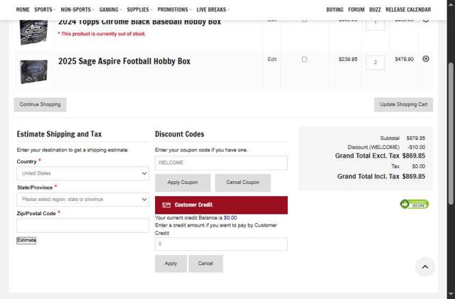 Blowout Cards checkout page showing Blowout Cards coupon code box | Screenshot taken by SimplyCodes community member on Aug 2, 2025