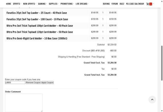 Blowout Cards checkout page showing Blowout Cards coupon code box | Screenshot taken by SimplyCodes community member on Aug 29, 2025