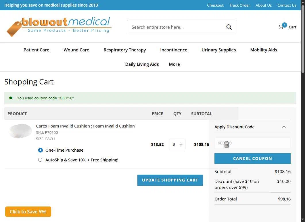 Blowout Medical checkout page showing Blowout Medical discount code box | Screenshot taken by SimplyCodes community member on Feb 12, 2026
