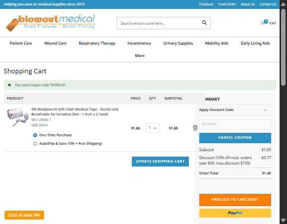 Blowout Medical checkout page showing Blowout Medical discount code box | Screenshot taken by SimplyCodes community member on Feb 5, 2026