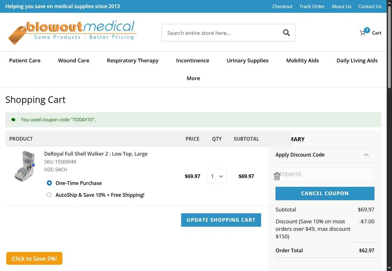Blowout Medical checkout page showing Blowout Medical discount code box | Screenshot taken by SimplyCodes community member on Feb 17, 2026