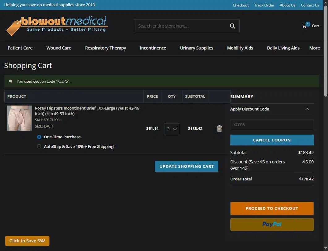Blowout Medical checkout page showing Blowout Medical discount code box | Screenshot taken by SimplyCodes community member on Feb 7, 2026