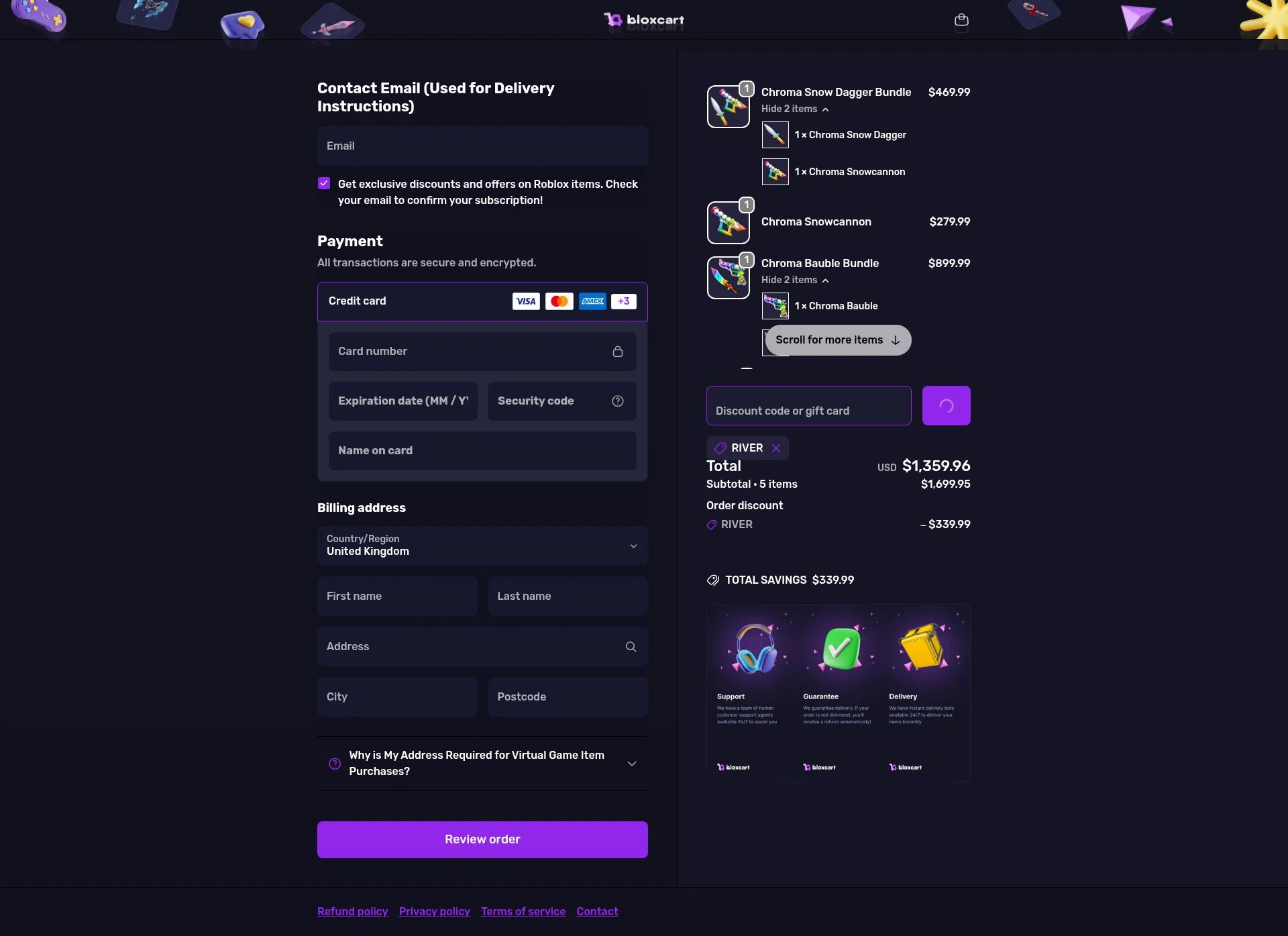 BloxCart checkout page showing BloxCart discount code box | Screenshot taken by SimplyCodes community member on Feb 8, 2026