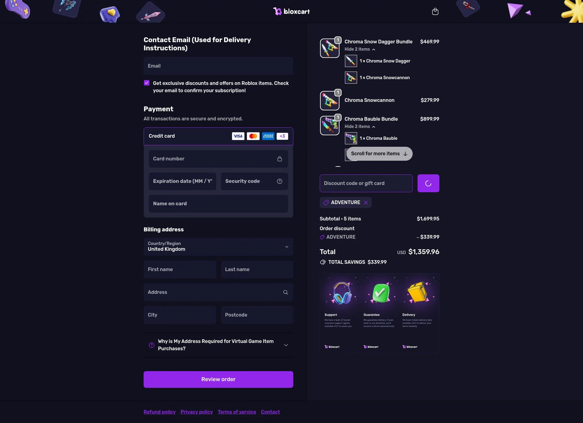 BloxCart checkout page showing BloxCart discount code box | Screenshot taken by SimplyCodes community member on Feb 8, 2026