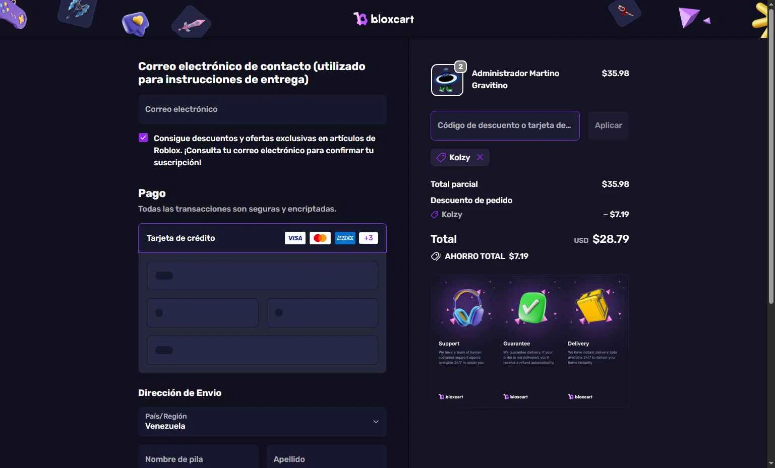 BloxCart checkout page showing BloxCart discount code box | Screenshot taken by SimplyCodes community member on Feb 8, 2026
