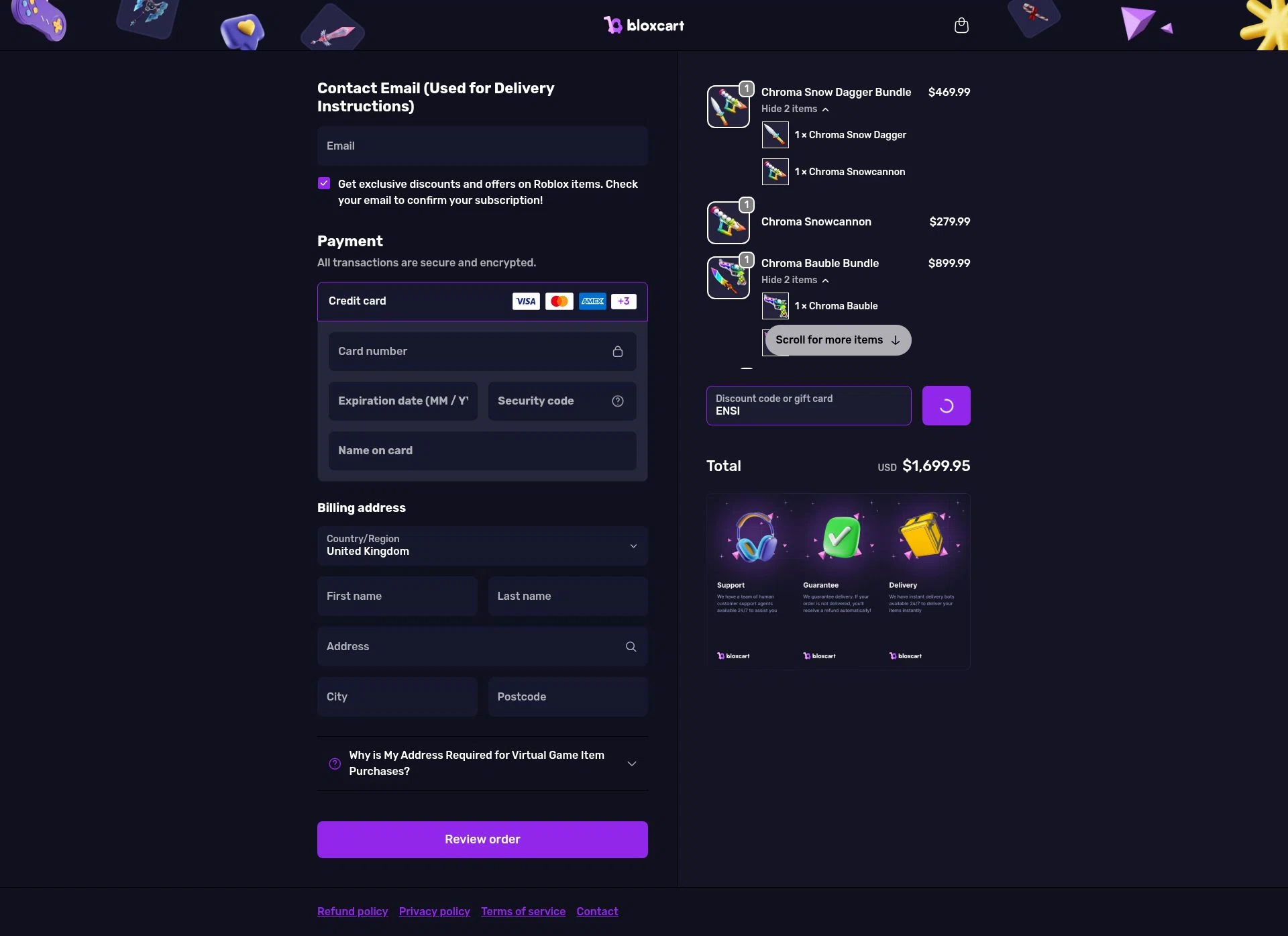 BloxCart checkout page showing BloxCart discount code box | Screenshot taken by SimplyCodes community member on Feb 8, 2026