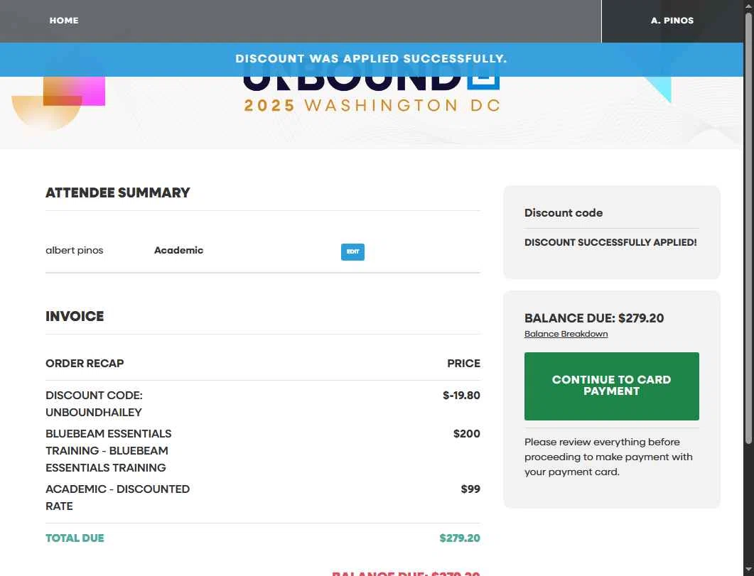 Bluebeam Revu checkout page showing Bluebeam Revu promo code box | Screenshot taken by SimplyCodes community member on Aug 7, 2025