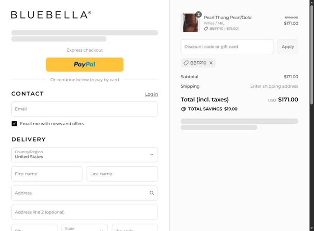 Bluebella checkout page showing Bluebella discount code box | Screenshot taken by SimplyCodes community member on Aug 17, 2025