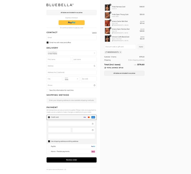 Bluebella checkout page showing Bluebella discount code box | Screenshot taken by SimplyCodes community member on Aug 14, 2025