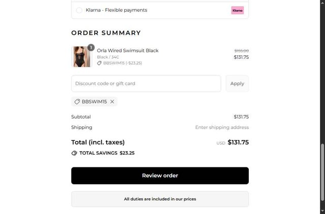 Bluebella checkout page showing Bluebella discount code box | Screenshot taken by SimplyCodes community member on Aug 12, 2025
