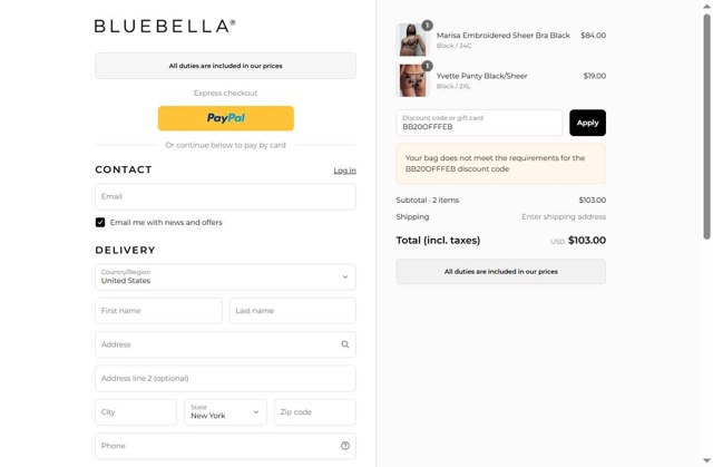 Bluebella checkout page showing Bluebella discount code box | Screenshot taken by SimplyCodes community member on Aug 8, 2025