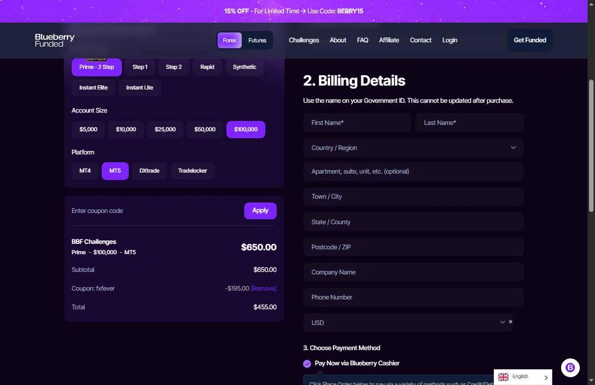 Blueberry Funded checkout page showing Blueberry Funded discount code box | Screenshot taken by SimplyCodes community member on Feb 4, 2026